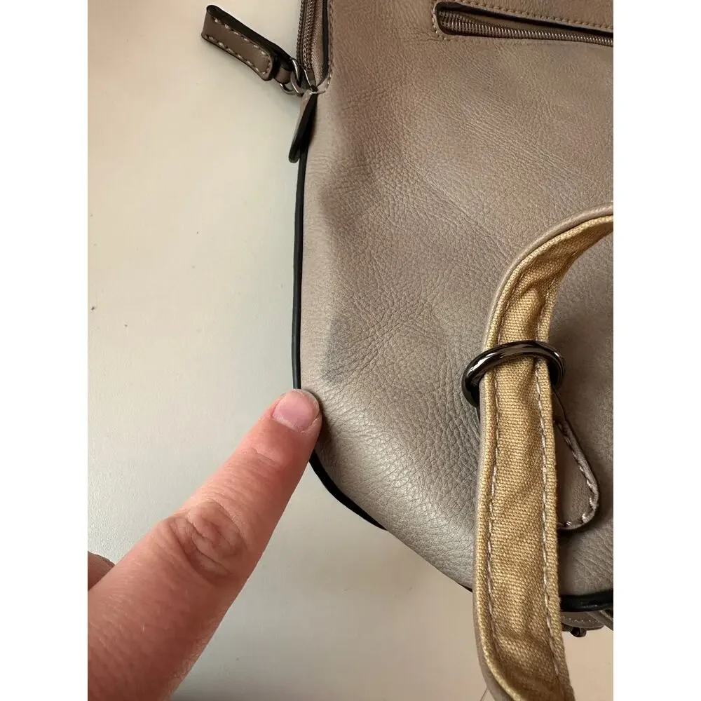 David Jones Paris Leather Mini Backpack Purse Taupe Top Handle Adjustable Straps